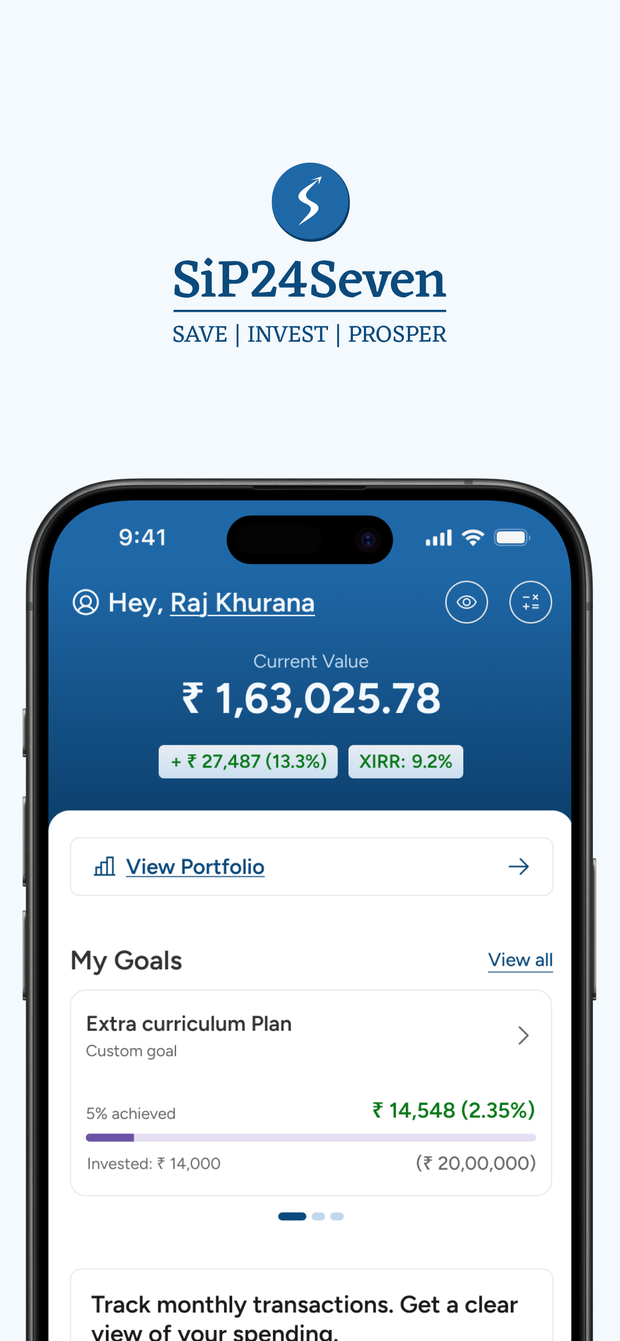 SIP24Seven app home screen showing portfolio value and goals