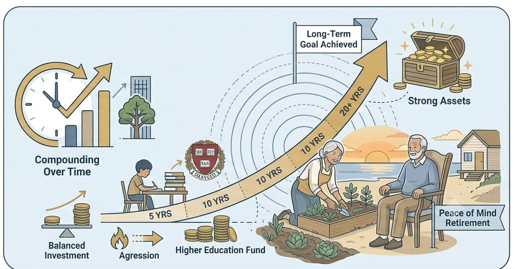 Illustration of compounding growth over time, a higher education fund, and a couple enjoying a peaceful retirement representing long-term life goals