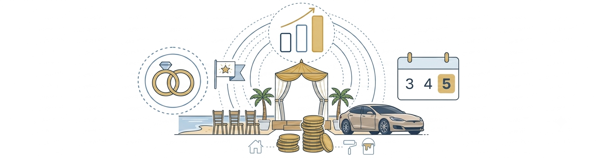 Illustration of wedding rings, a new car, home renovation supplies, and a growing coin stack representing medium-term life goals