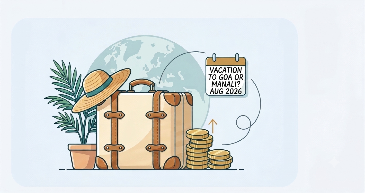 Illustration of a suitcase, sun hat, and a growing stack of coins representing a short-term vacation savings goal